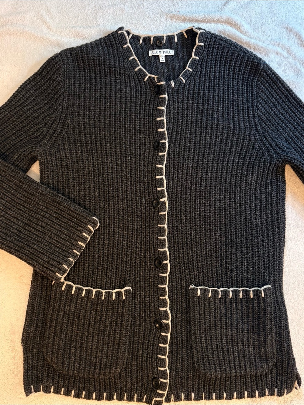 Alex Mill Marleybone Sweater Jacket Gray Waffle Knit Cardigan Cream Whipstitch - Picture 2 of 12